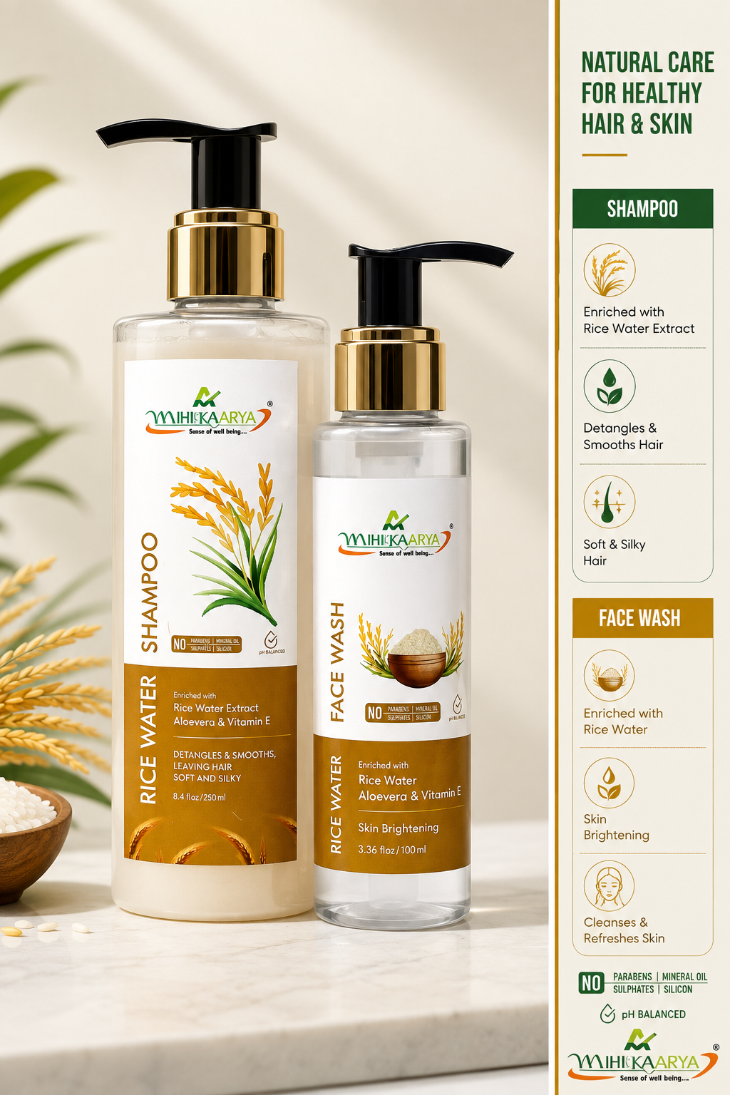 Mihikaarya Combo pack – 250ml Rice Water Shampoo & 100ml Rice Water Face Wash | 350 ml - Image 4