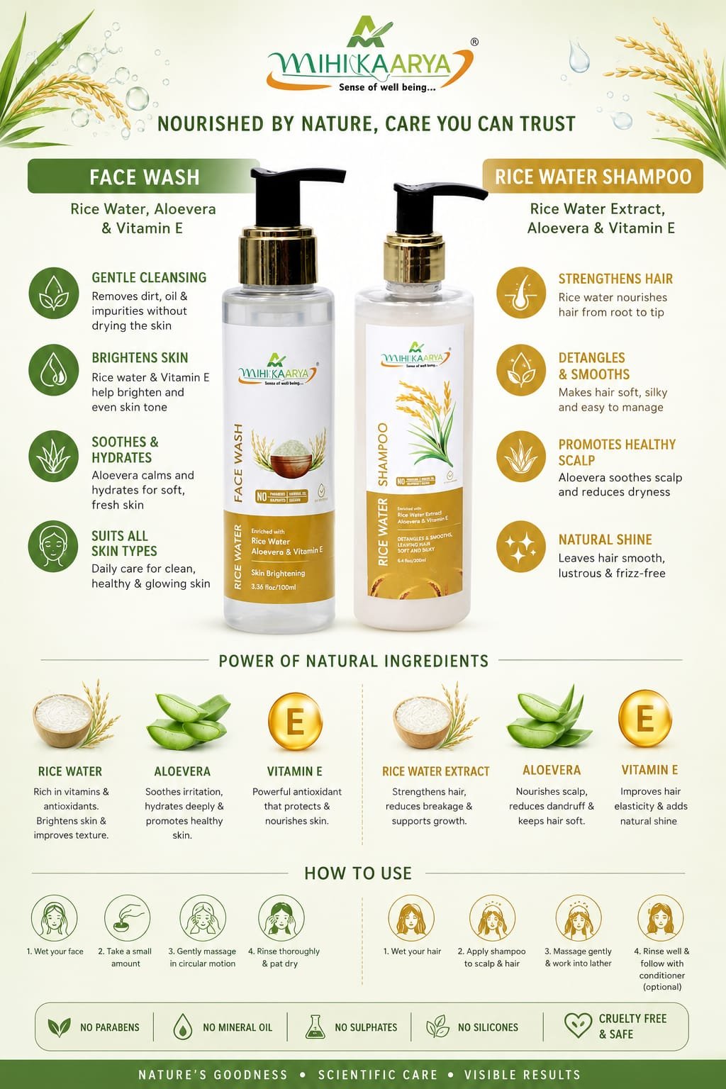 Mihikaarya Combo pack – 250ml Rice Water Shampoo & 100ml Rice Water Face Wash | 350 ml - Image 3