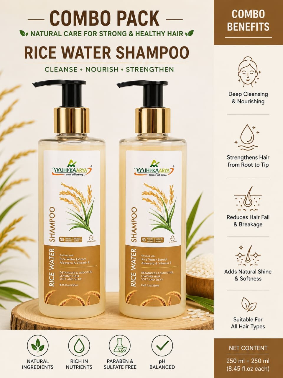 Mihikaarya Rice Water Shampoo Value Pack – Cleansing & Shine Care | 250 ml + 250 ml - Image 3