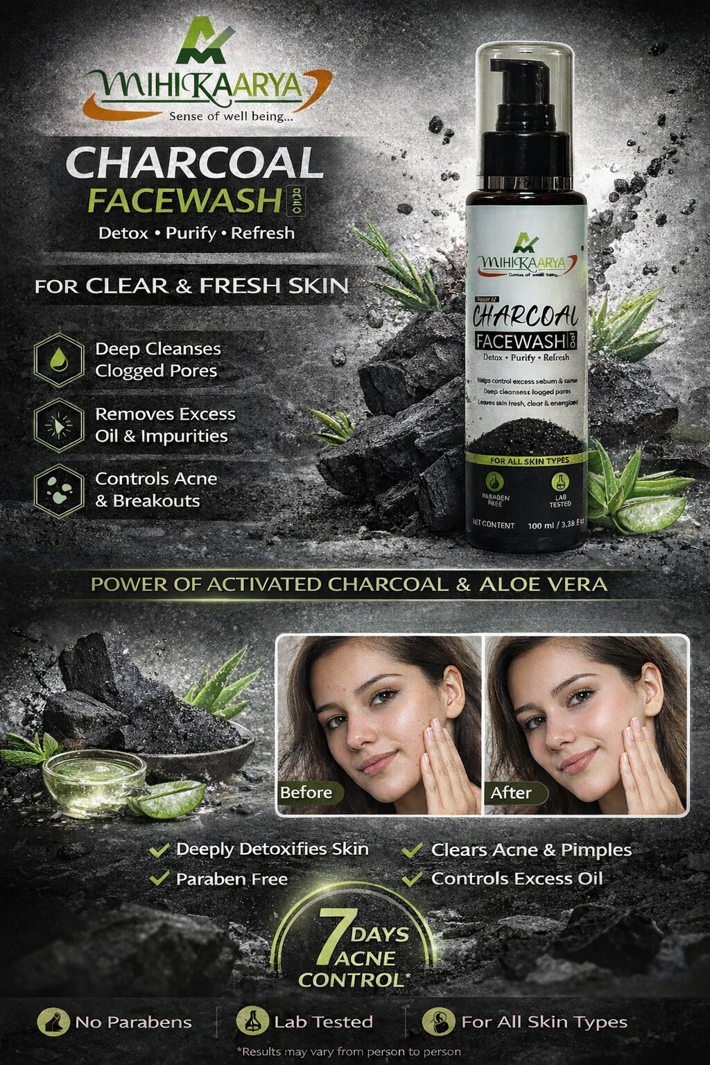 Mihikaarya Charcoal Face Wash for Men & Women – 100ml | Deep Cleansing & Oil Control Skincare - Image 4