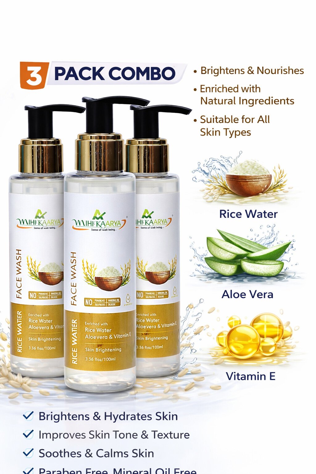 MIHIKAARYA Rice Water Infused Face Wash for Gentle Cleansing – Pack of 3 - Image 4