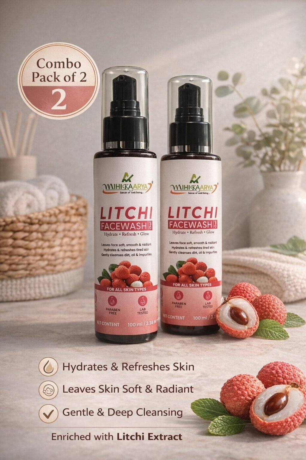 Mihikaarya Litchi Face Wash for Men & Women – Pack of 2 (100ml + 100ml) | Refreshing & Gentle Daily Cleanser - Image 3