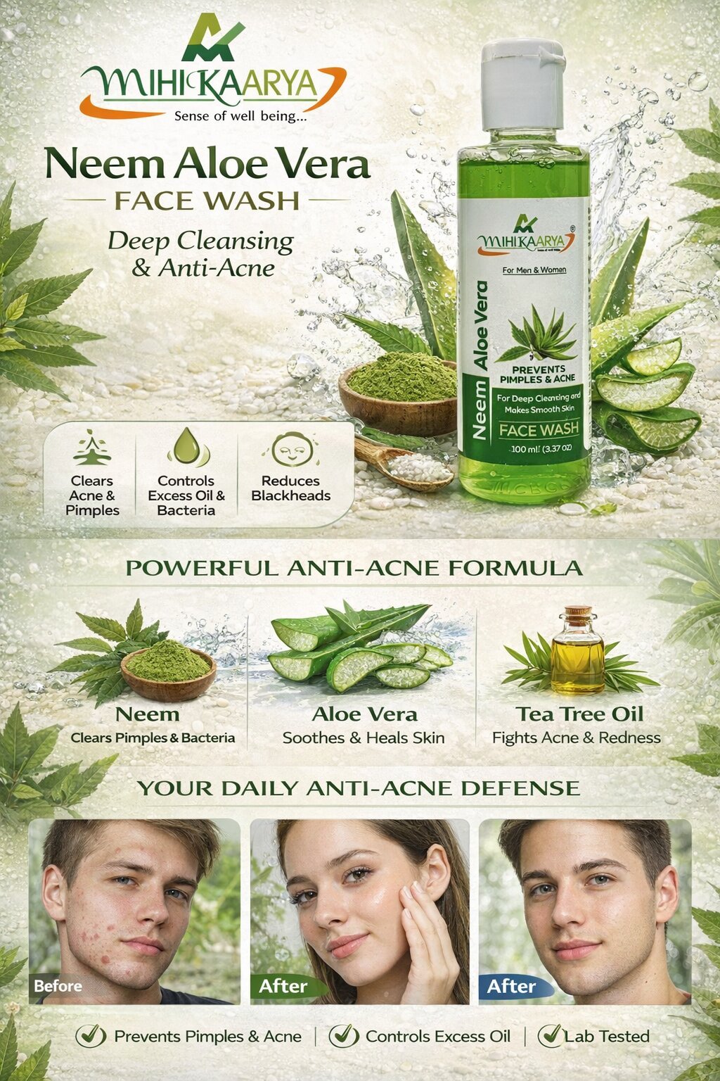 Mihikaarya Neem Aloe Vera Face Wash for Men & Women – 100ml | Soothing, Oil Control & Refreshing Skincare - Image 2