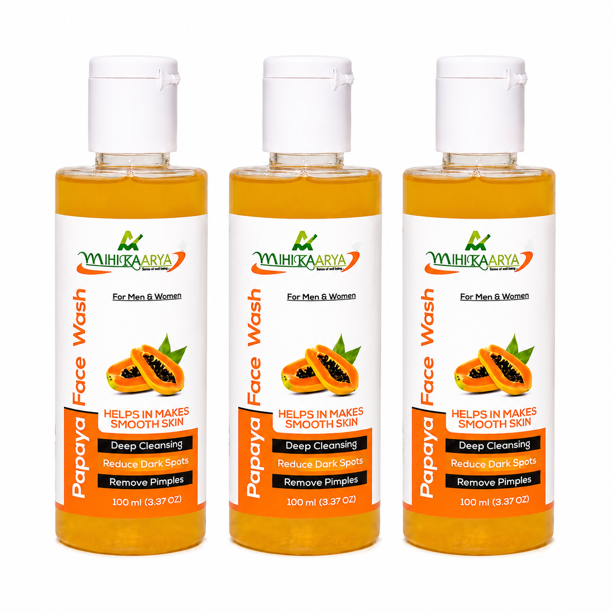 MIHIKAARYA Papaya Face Wash for Smooth Skin – Pack of 3 × 100ml