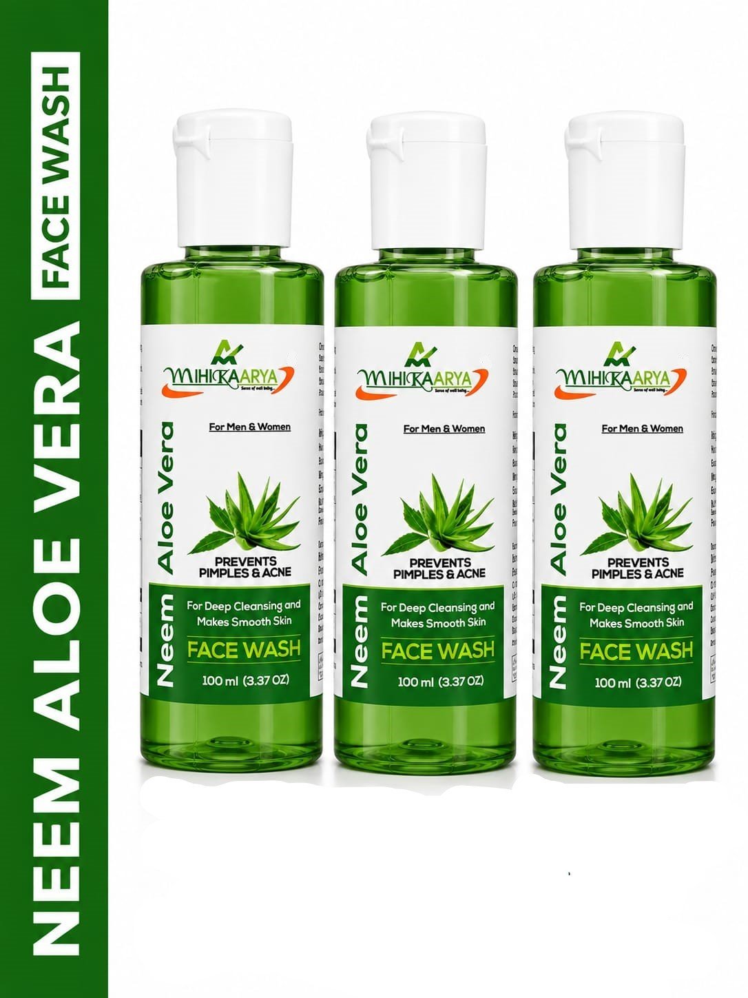 MIHIKAARYA Neem Aloe Vera Face Wash for Deep Cleansing – Pack of 3 × 100ml