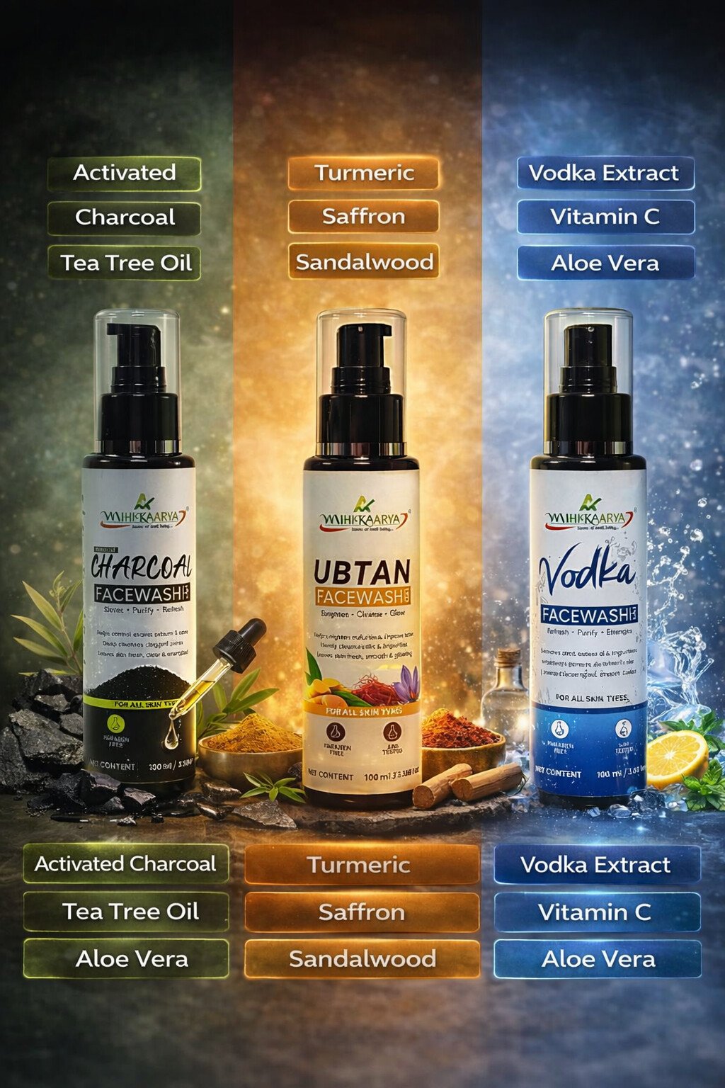 MIHIKAARYA Advanced Cleansing Collection – Ubtan, Vodka & Charcoal Face Wash (Pack of 3)