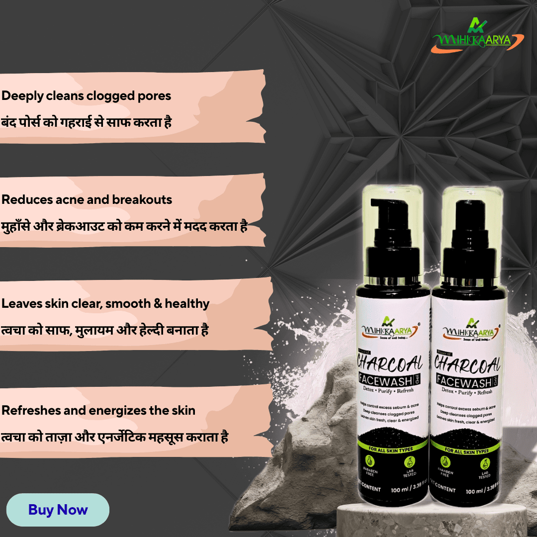 Front view of Mihikaarya Charcoal Face Wash pack of two 100ml bottles