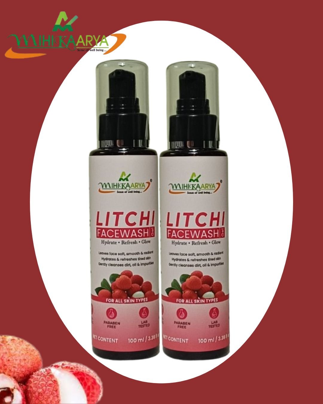 Mihikaarya Litchi Face Wash for Men & Women – Pack of 2 (100ml + 100ml) | Refreshing & Gentle Daily Cleanser - Image 2