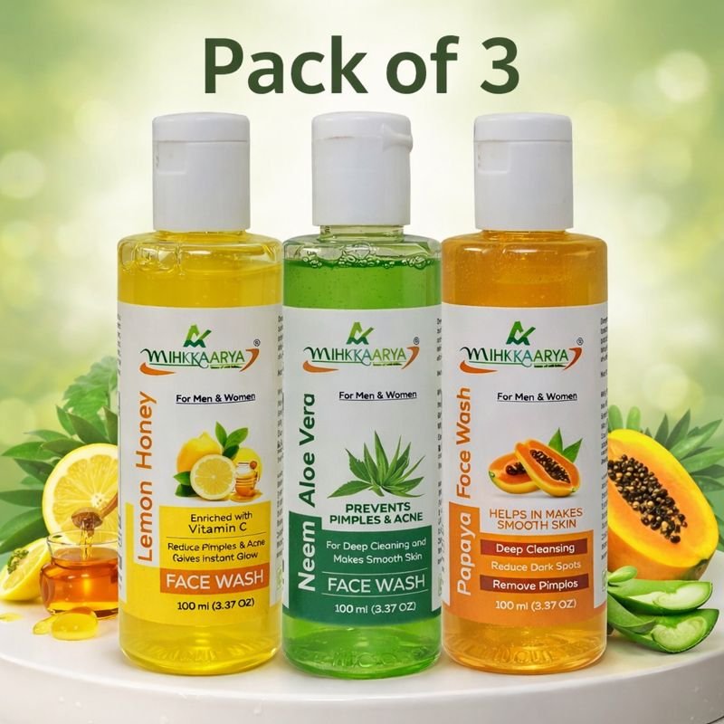 MIHIKAARYA Herbal Glow Care – Papaya, Lemon & Honey, Neem & Aloe Vera Face Wash Combo (Pack of 3)