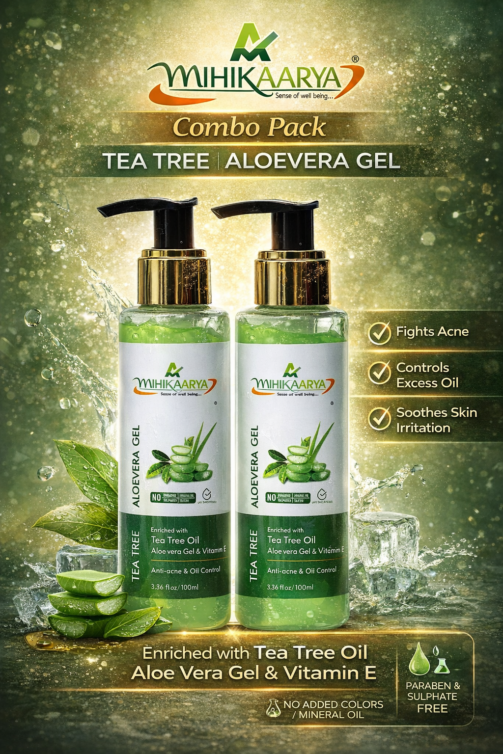 Mihikaarya Tea Tree Aloe Vera Gel 200ml Combo Pack| Soothing, Hydrating & Skin Repair Gel for Men & Women