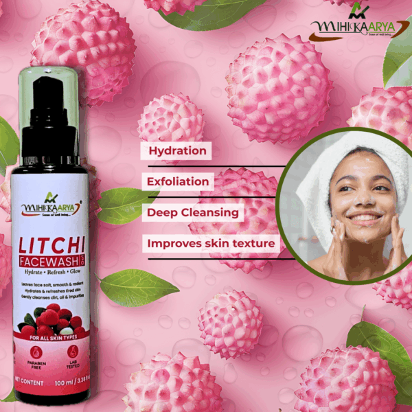 Front view of Mihikaarya Litchi Face Wash 100ml bottle