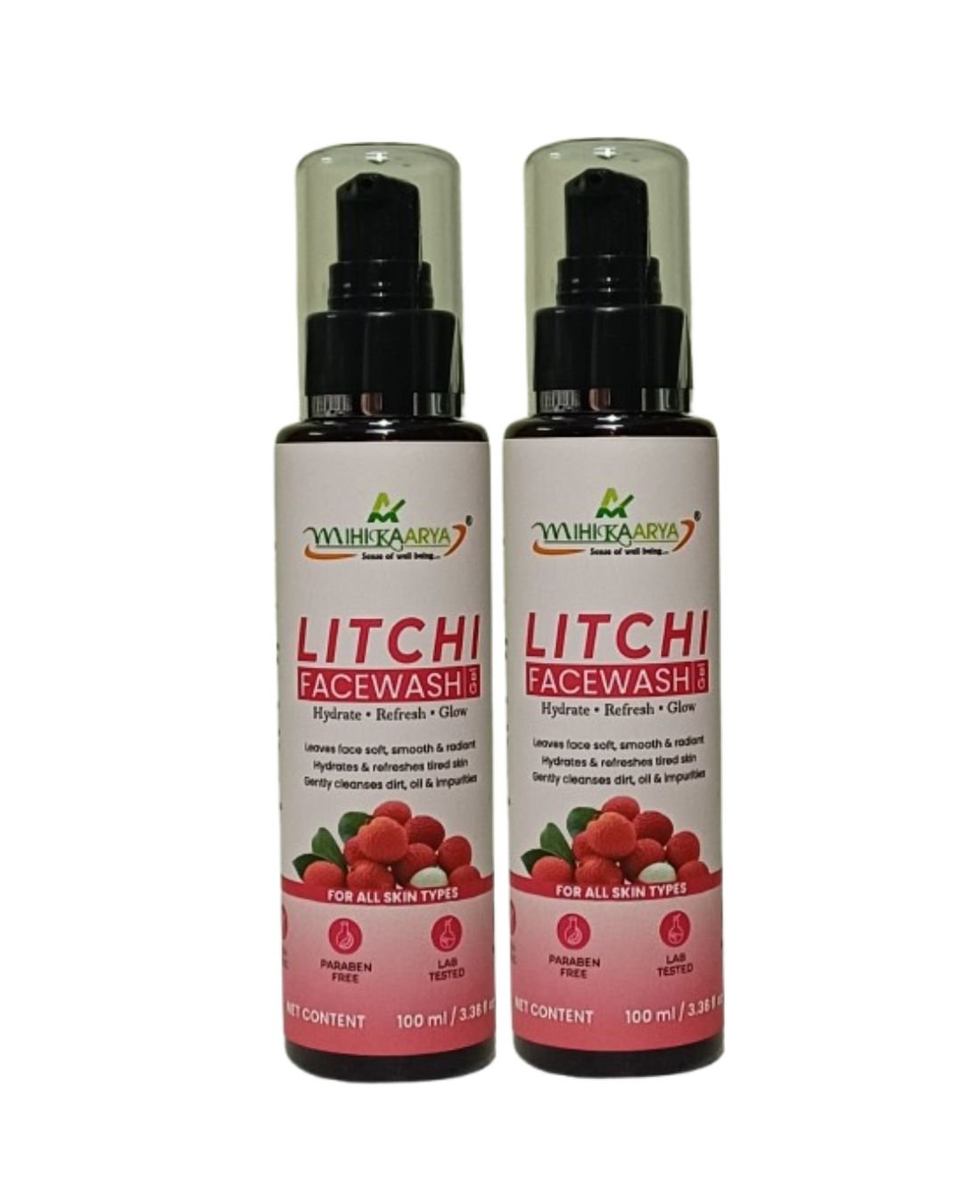 Front view of Mihikaarya Litchi Face Wash pack of two 100ml bottles