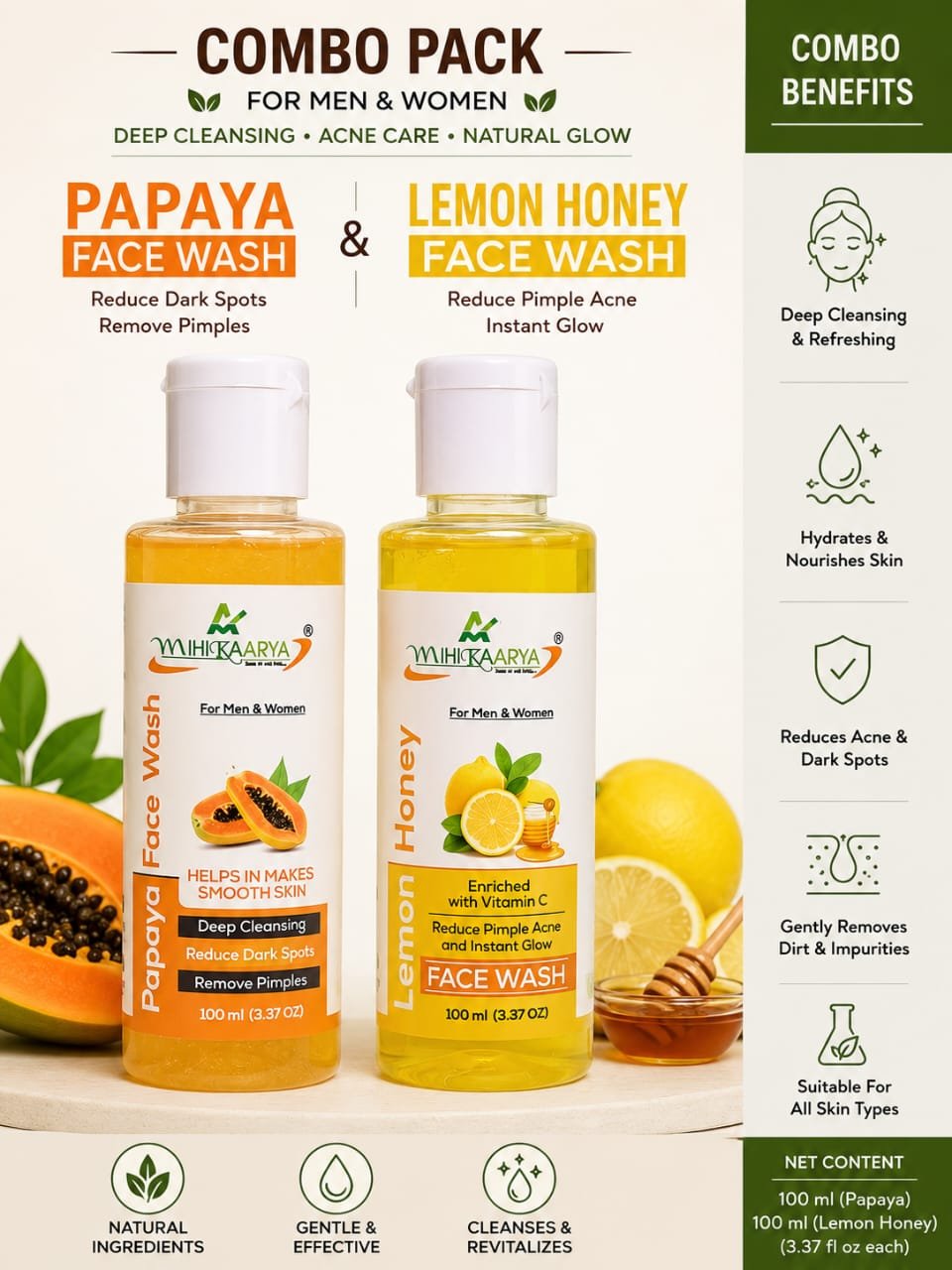MIHIKAARYA Papaya Face Wash & Lemon Honey Face Wash Combo – Glow & Fresh Skin Care - Image 3