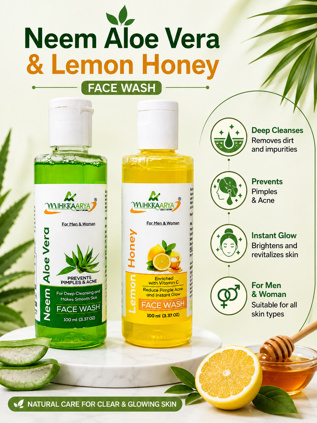 MIHIKAARYA Lemon Honey Face Wash & Neem Aloe Vera Face Wash Combo pack Cleansing Care - Image 3